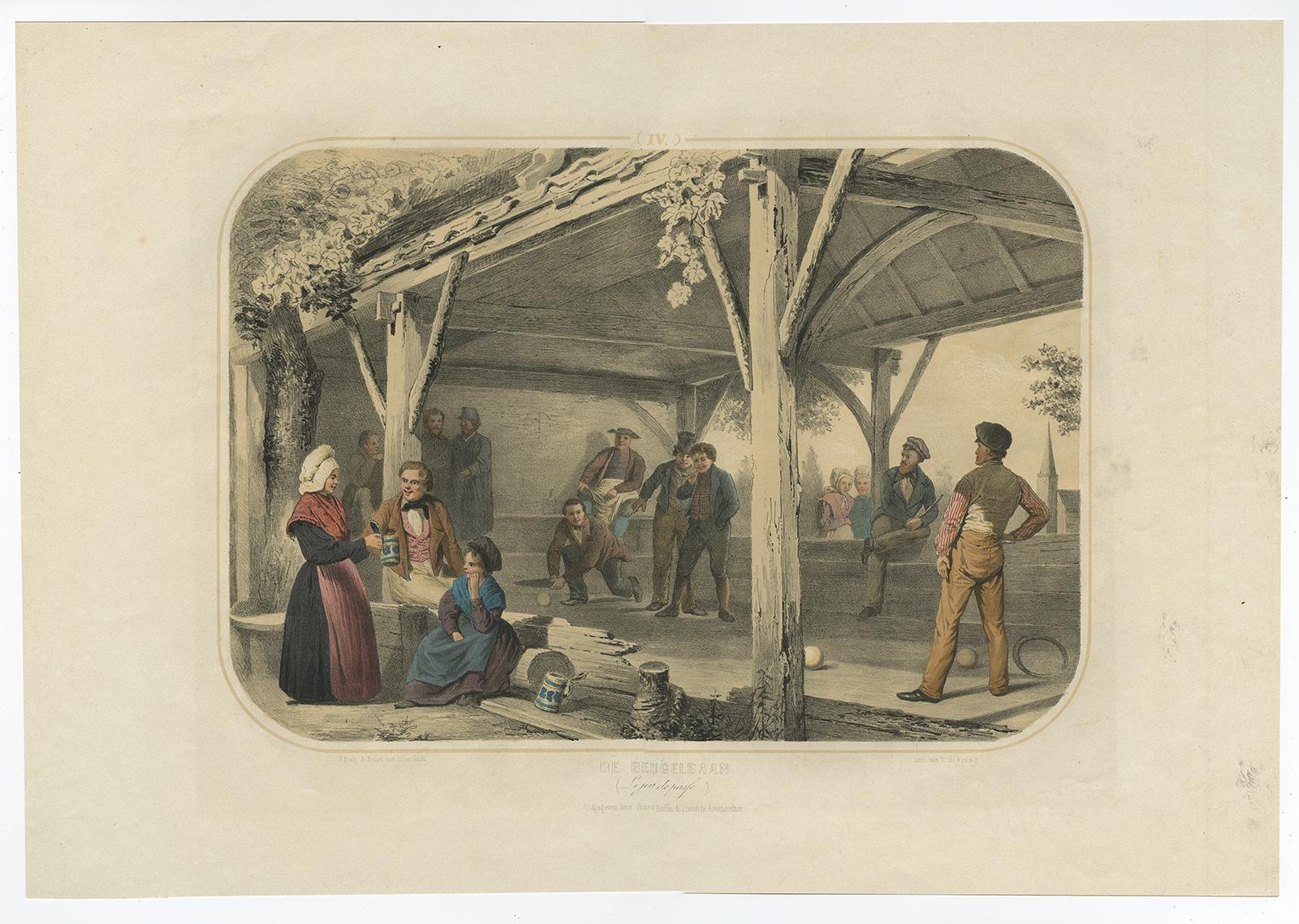 Antique print titled 'Plate IV 'De Beugelbaan - Le Jeu de Passe.' 

This plate shows a 19th century scene in Noord-Brabant, The Netherlands. Men are playing the Dutch game 'beugelen'. This original antique print was published in 1857 by Frans