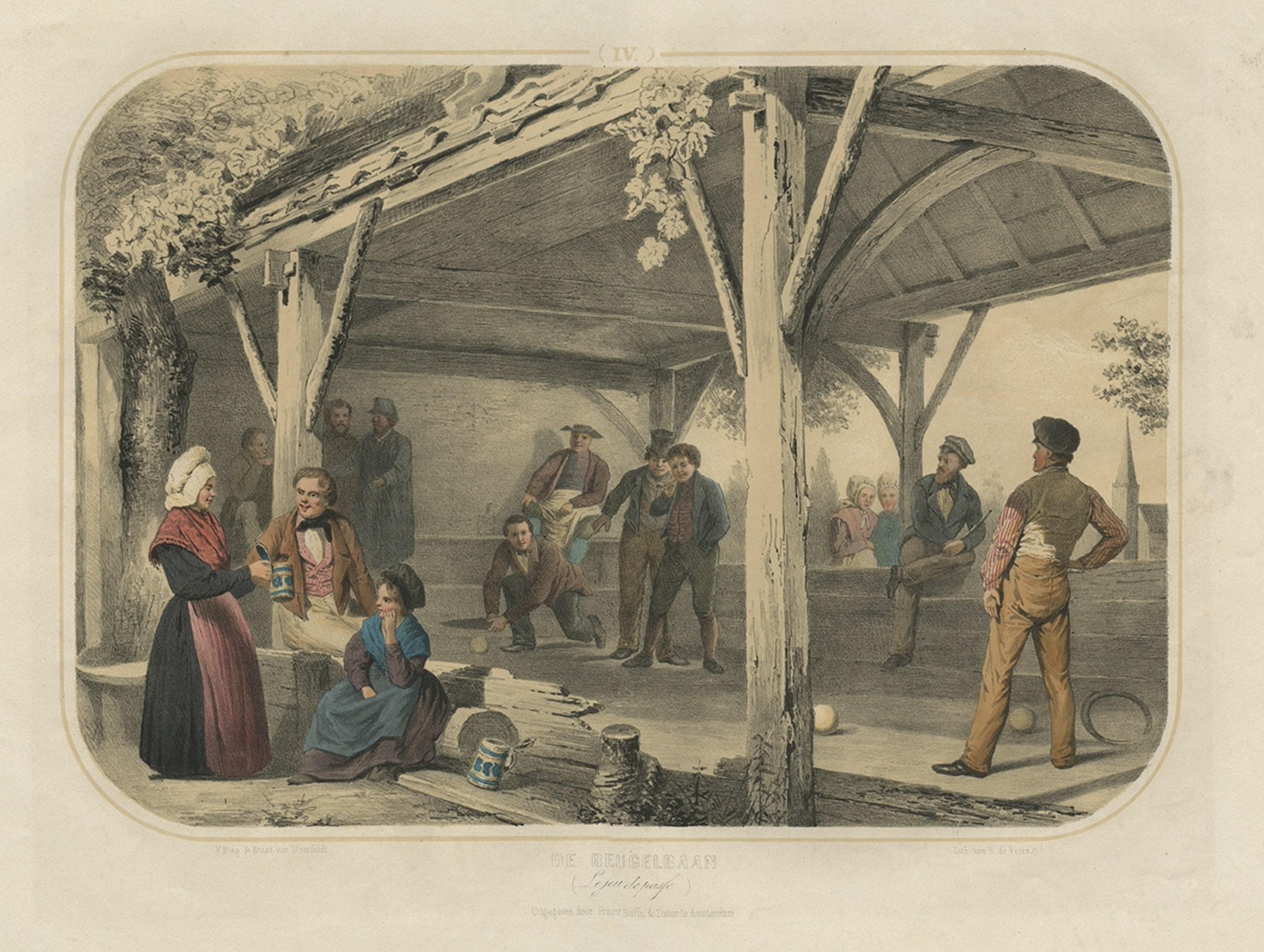Old Print von „Beugelen“, einem der ältesten Ballsportarten in den Niederlanden, 1857 im Zustand „Gut“ im Angebot in Langweer, NL