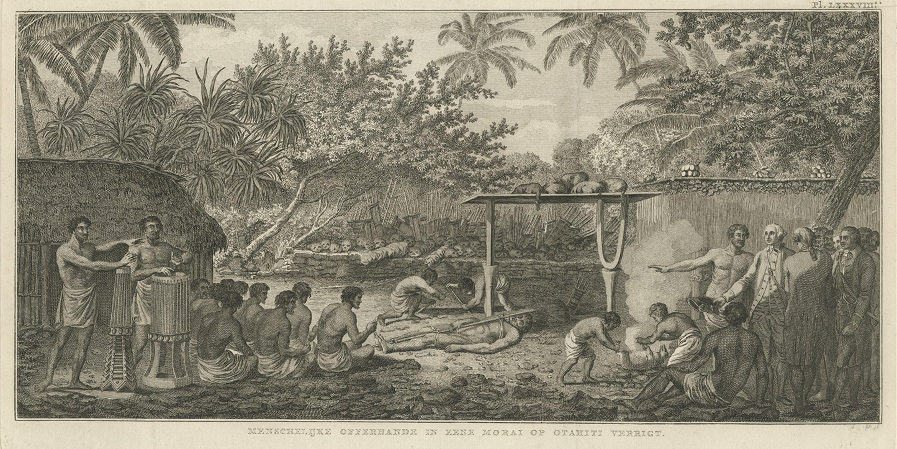 Old Print von Kapitän Cook, der ein menschliches Gebet in einem Morai, Tahiti, sieht, 1803 im Zustand „Gut“ im Angebot in Langweer, NL