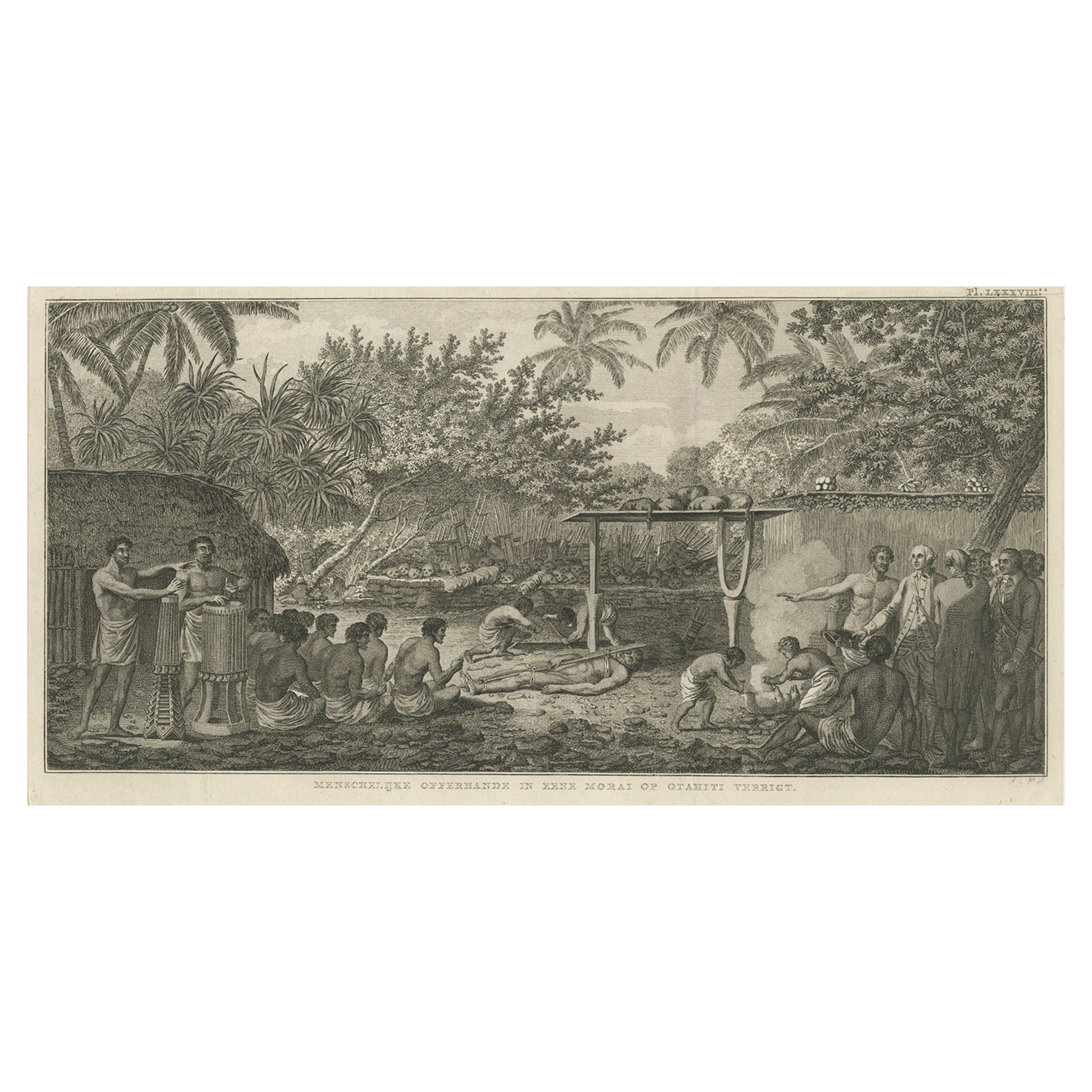 Old Print von Kapitän Cook, der ein menschliches Gebet in einem Morai, Tahiti, sieht, 1803