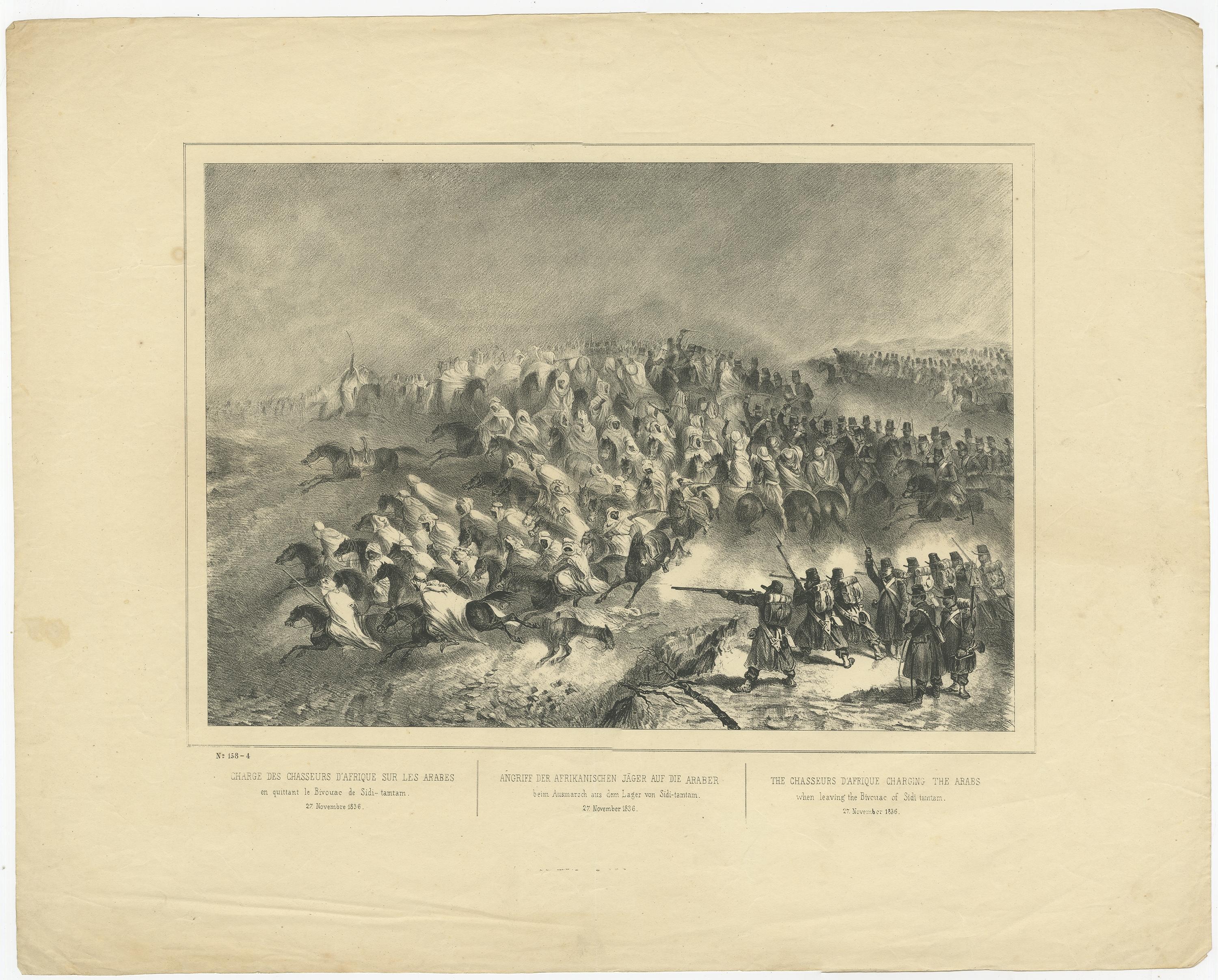 Antique print titled 'Charge des Chasseurs d'Afrique sur les Arabes (..)'. 

Original lithograph of the Chasseurs d'Afrique charging the Arabs when leaving the Bivouac of Sidi tamtam (27 November 1836). No. 158-4 of a series on the conflicts in
