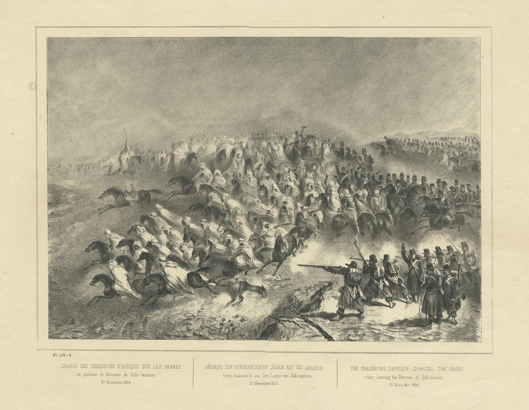 Old Print of Chasseurs d'Afrique Charging the Arabs in Algeria, ca.1840 In Fair Condition For Sale In Langweer, NL