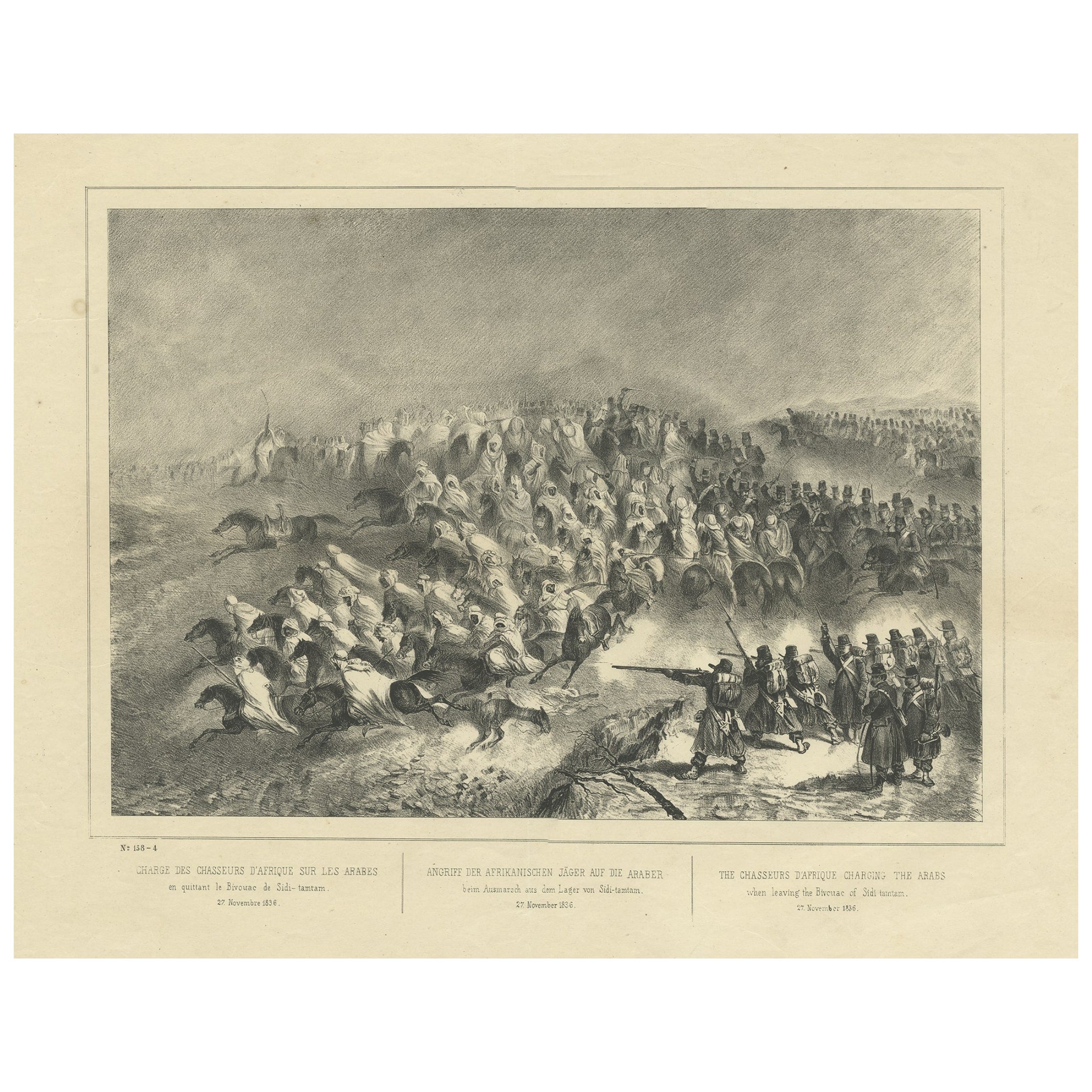 Gravure ancienne de Chasseurs d'Afrique chargeant les Arabes en Algérie, ca.1840