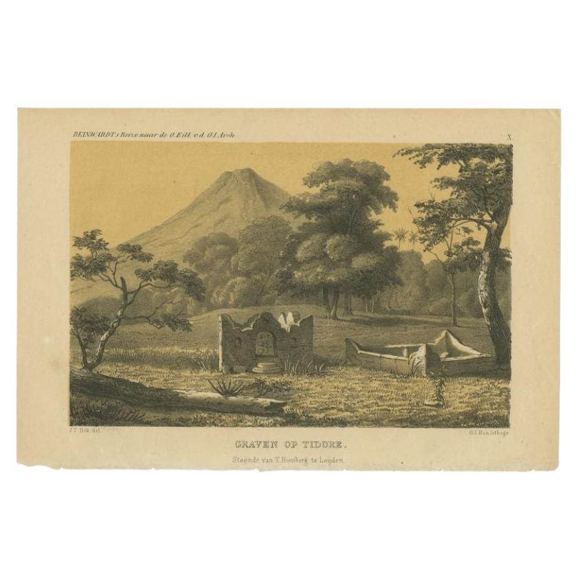 Old Print of Chinese Graves or Tombs near Vulcano on Tidore, Indonesia, 1858 For Sale