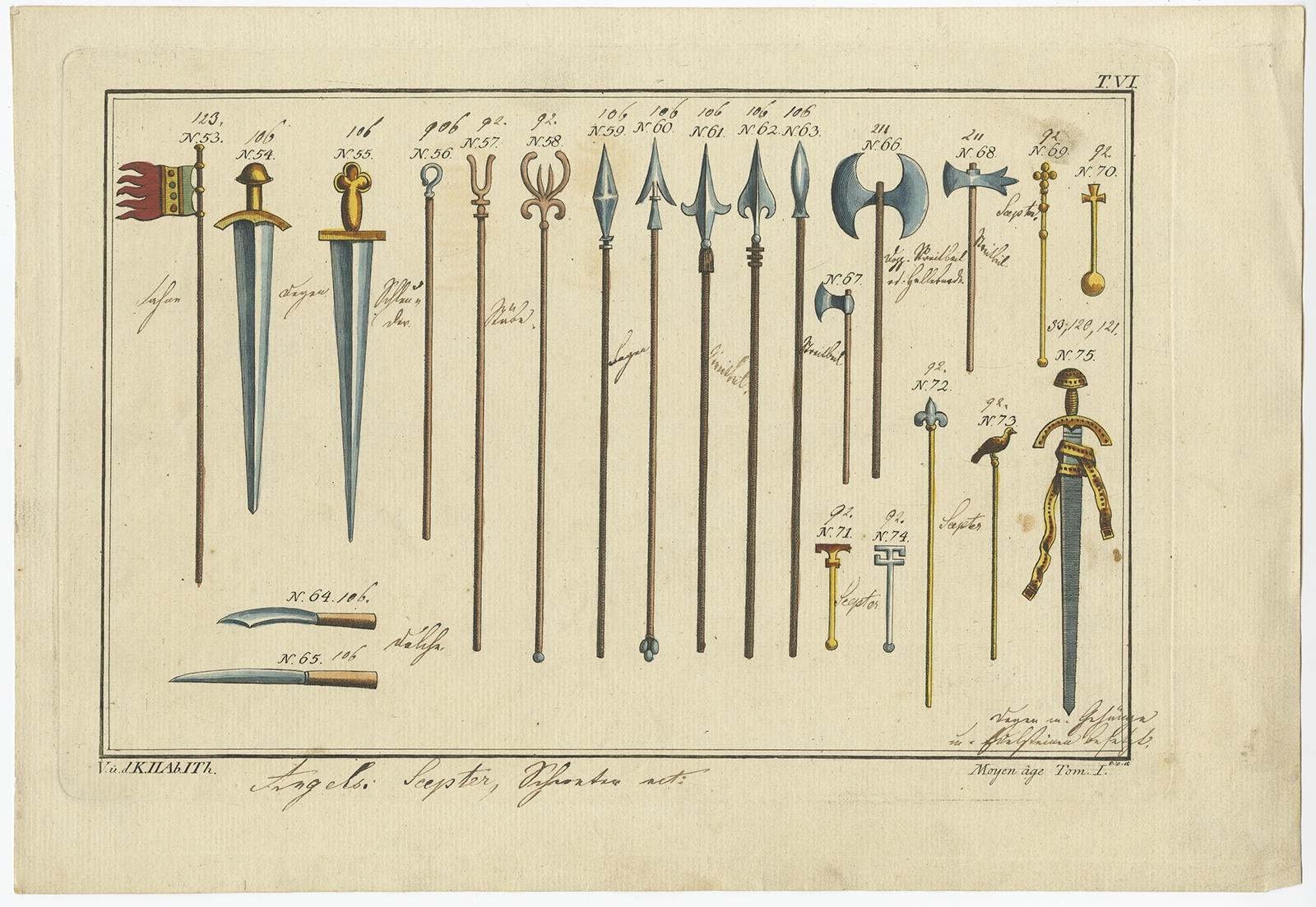 Untitled print of Anglo Saxon flag (53) , swords (54,55), slingshot (56), magisterial staffs (57,58,74) lances (59-63), daggers (64,65), double headed axe of the Danes called a Bipennis (66), Danish axes (67,68), Anglo Saxon scepters (69-73), and an