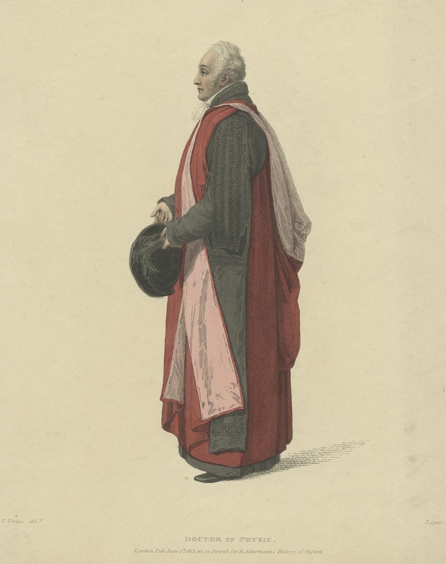 Antique print titled 'Doctor in Physic'. Portrait of Sir Christopher Pegge, in Convocation dress, made after a drawing by Thomas Uwins. This print originates from 'Ackermann's History of Oxford and History of Cambridge'. 

Artists and Engravers: