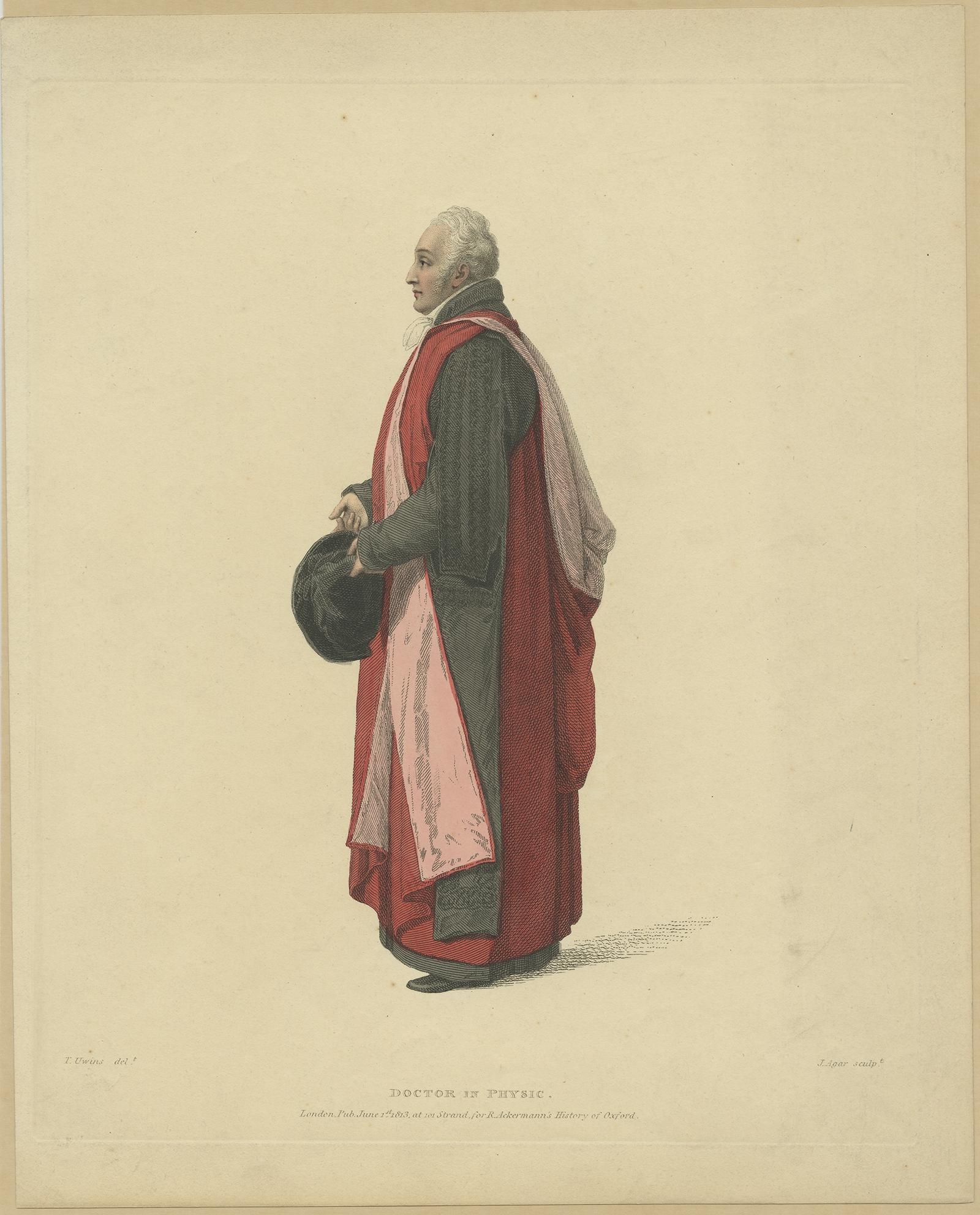 Old Print of Doctor in Physic Sir Christopher Pegge, in Convocation Dress, 1813 In Good Condition For Sale In Langweer, NL