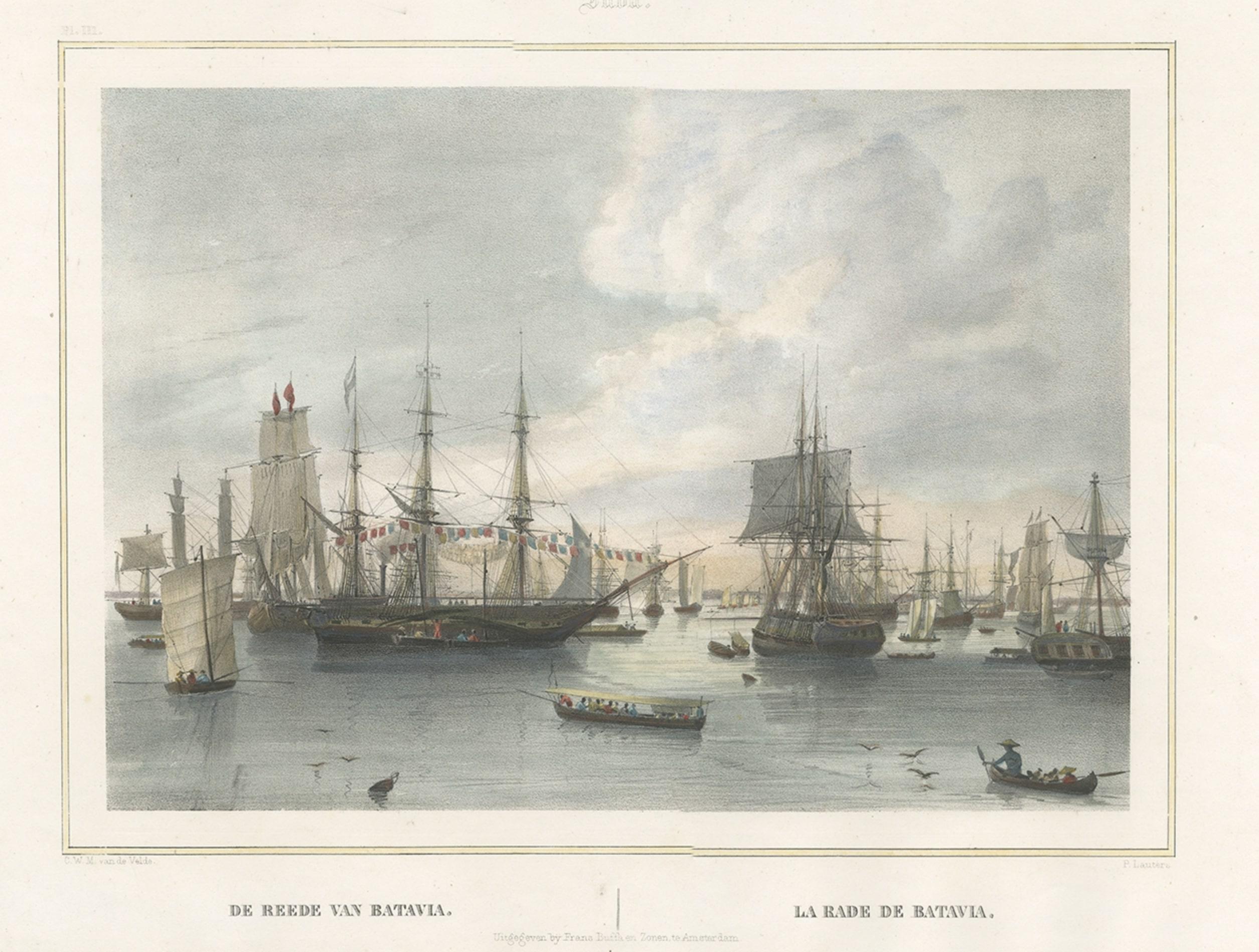 Old Print of East India Merchant Ships Near Batavia 'Jakarta, Indonesia', 1844 In Good Condition For Sale In Langweer, NL