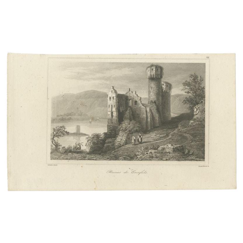 Old Print of Ehrenfels Castle, Near Rüdesheim Am Rhein in Hesse, Germany For Sale