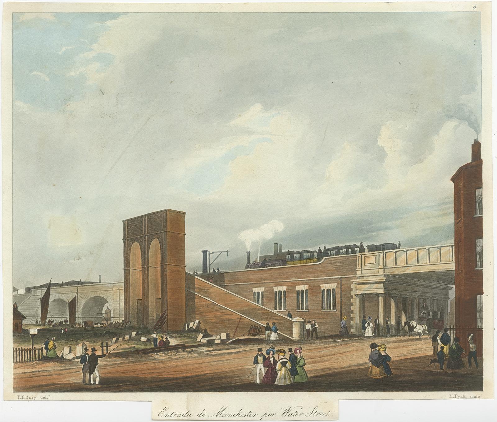 Antique print titled 'Entrada de Manchester por Water Street'. 

Antique print of the entrance into Manchester across Water Street. This print originates from 'Coloured Views of the Liverpool and Manchester Railway' by T.T. Bury. 

Artists and