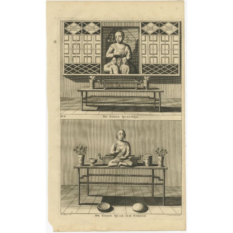 Antique print titled 'Intrede des Chineschen Tempels - De Chineesche God Calamija'. Copper engraving of two female deities of Chinese Buddhism in Indonesia; Quanteja and Quam Iem Hoedso. This print originates from 'Oud en Nieuw Oost-Indiën' by F.