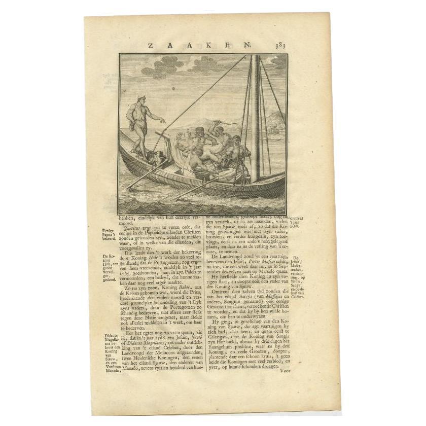 Old Print of Figures in a Boat Holding a Kris, Daggers and Ax in Asia, 1726 For Sale