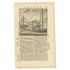 Antique Old Print of Figures in a Boat Holding a Kris, Daggers and Ax in Asia, 1726