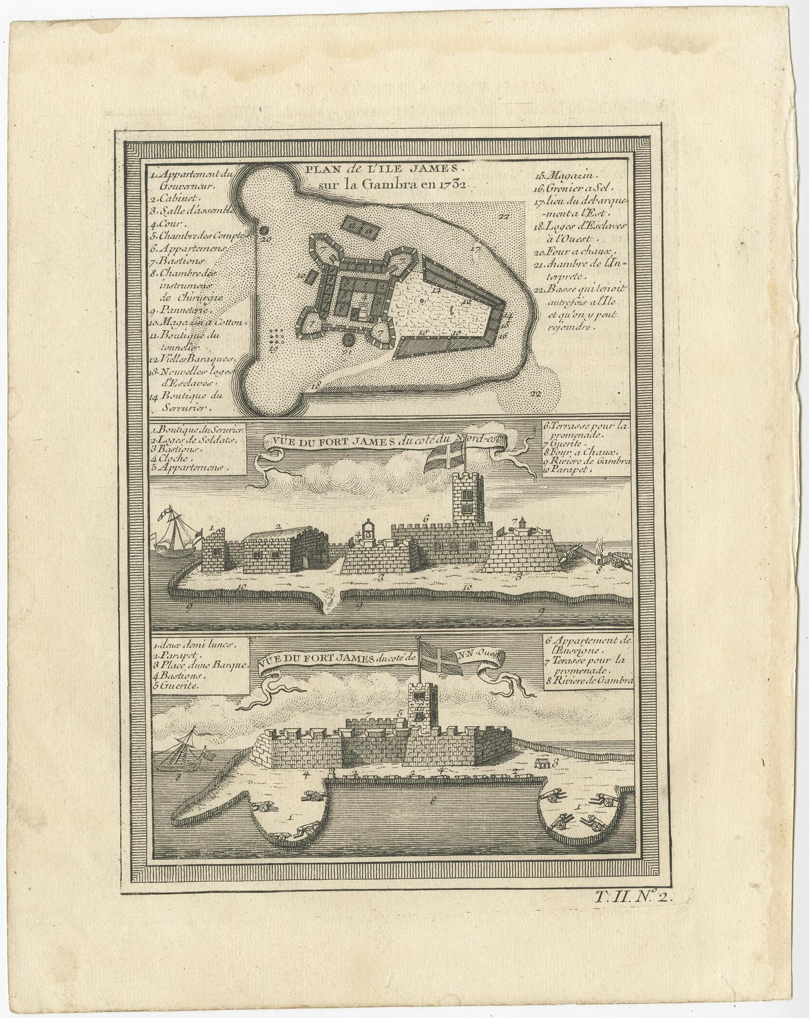 Antique print titled 'Plan de l’lle James sur la Gambra en 1732, Vue de Fort James du côte du Nord-Est, Vue de Fort James du côte de N.N. Ouest'. 

Old print of Kunta Kinteh Island on the Gambia River in 1732, view of Fort James from the north