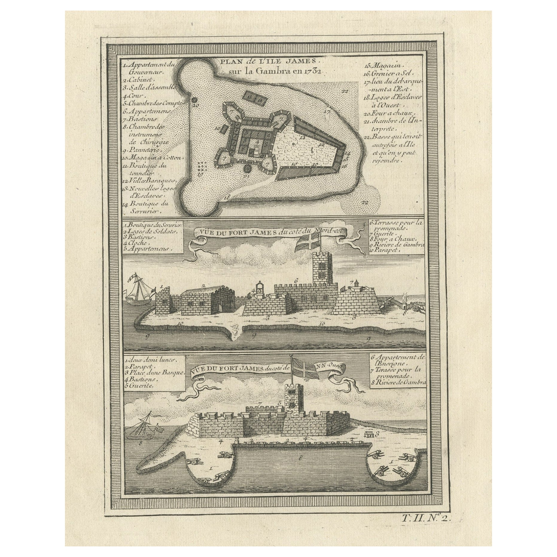 Ancienne estampe de Fort James sur l'île de Kunta Kinteh sur le fleuve Gambia, Afrique, 1746