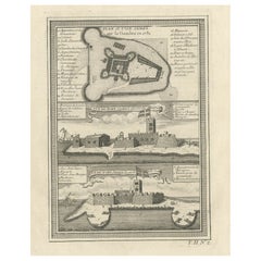 Ancienne estampe de Fort James sur l'île de Kunta Kinteh sur le fleuve Gambia, Afrique, 1746