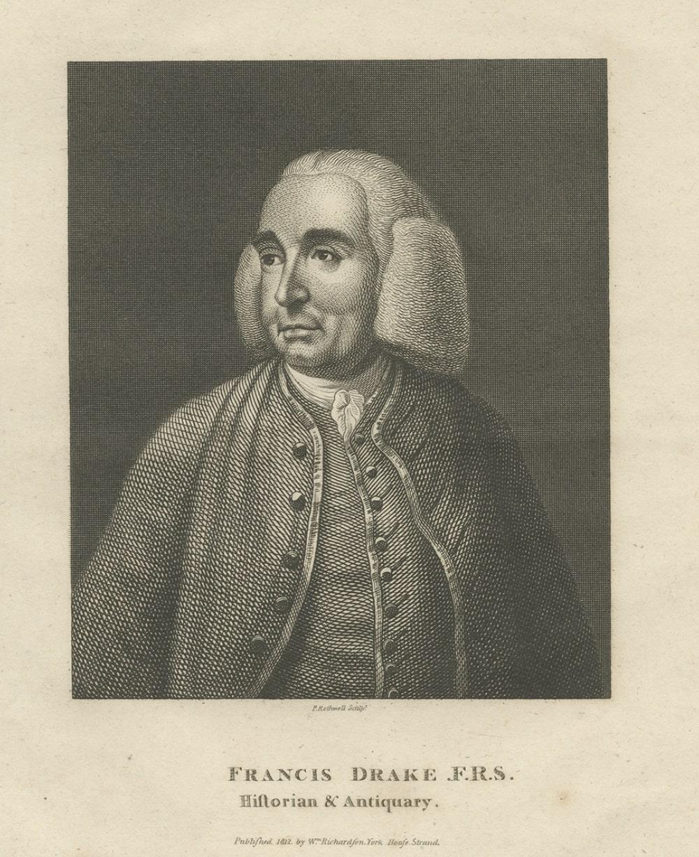 Old Print of Francis Drake, ein englischer Antiquar und Surgeon, 1812 im Zustand „Gut“ im Angebot in Langweer, NL