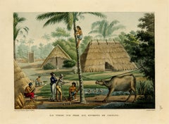 Old Print of French Travellers Visiting a Village in Kupang, Timor, 1825