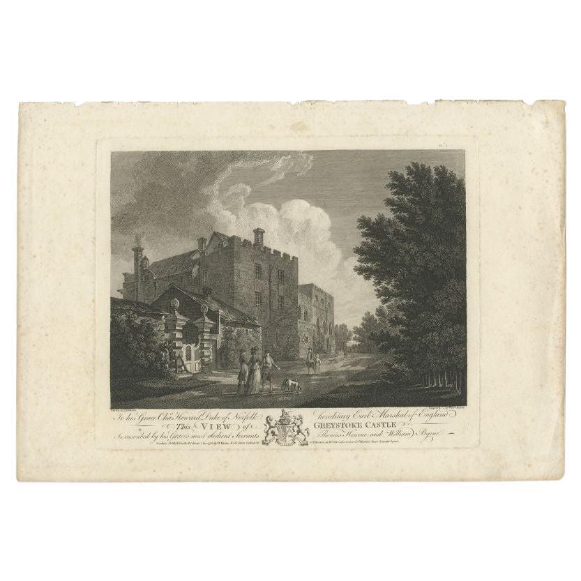 Antique print titled 'To his Grace Chas' Howard Duke of Norfolk hereditary Earl Marshal of England, This View of Greystoke Castle, is inscribed by his Grace's most obedient Servants Thomas Hearne and William Byrne'. Old print with a view of