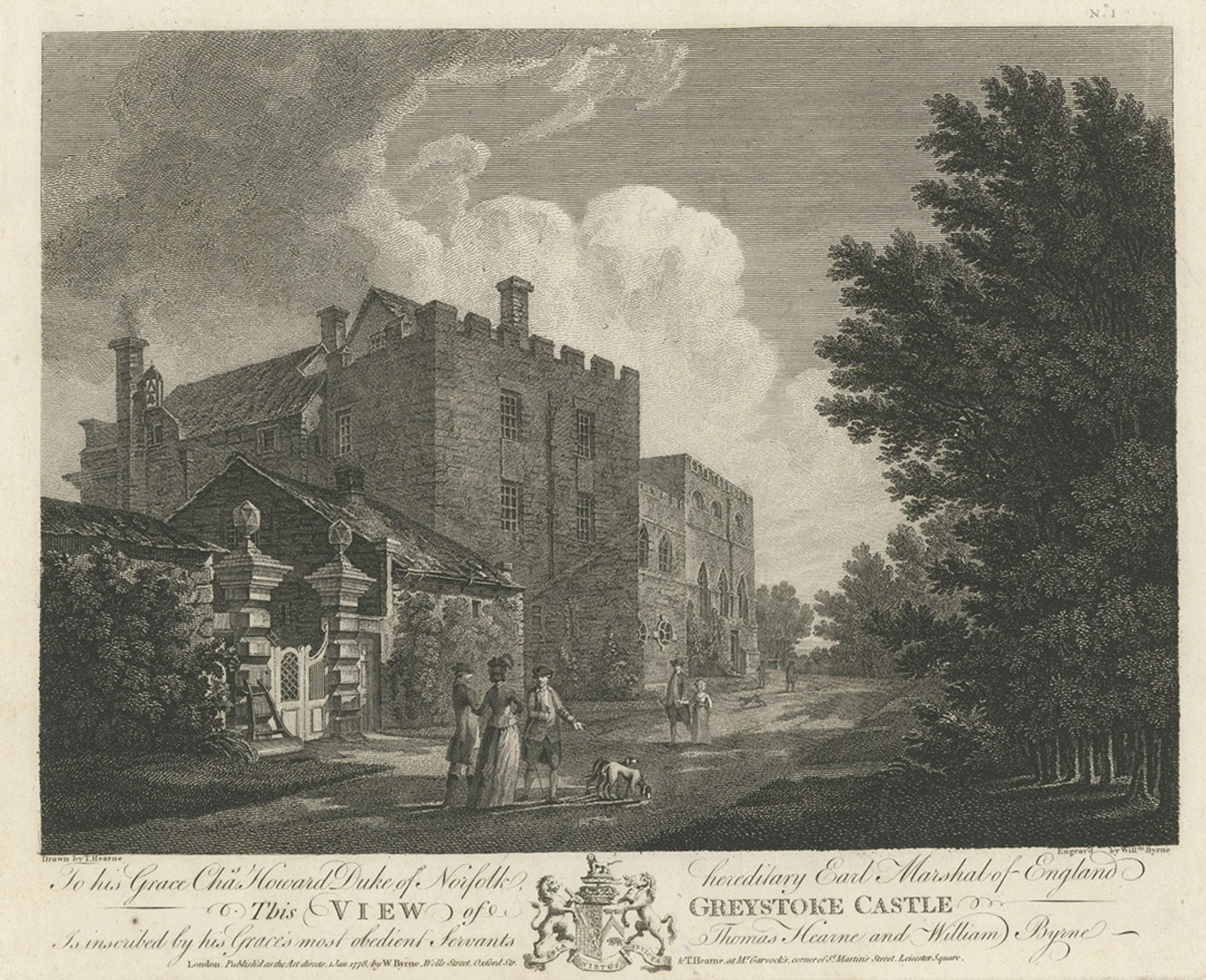 Old Print of Greystoke Castle, near Penrith in the County of Cumbria, England In Fair Condition For Sale In Langweer, NL