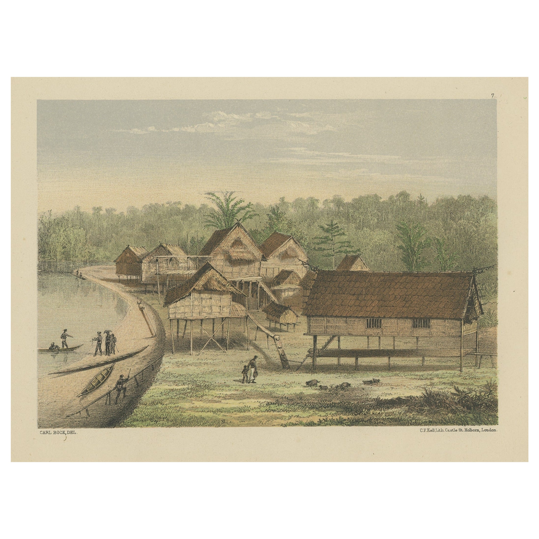 Old Print of Houses of Longwai, West Kutai Regency, Ost Kalimantan, Indonesien