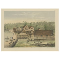 Antique Old Print of Houses of Longwai, West Kutai Regency, East Kalimantan, Indonesia