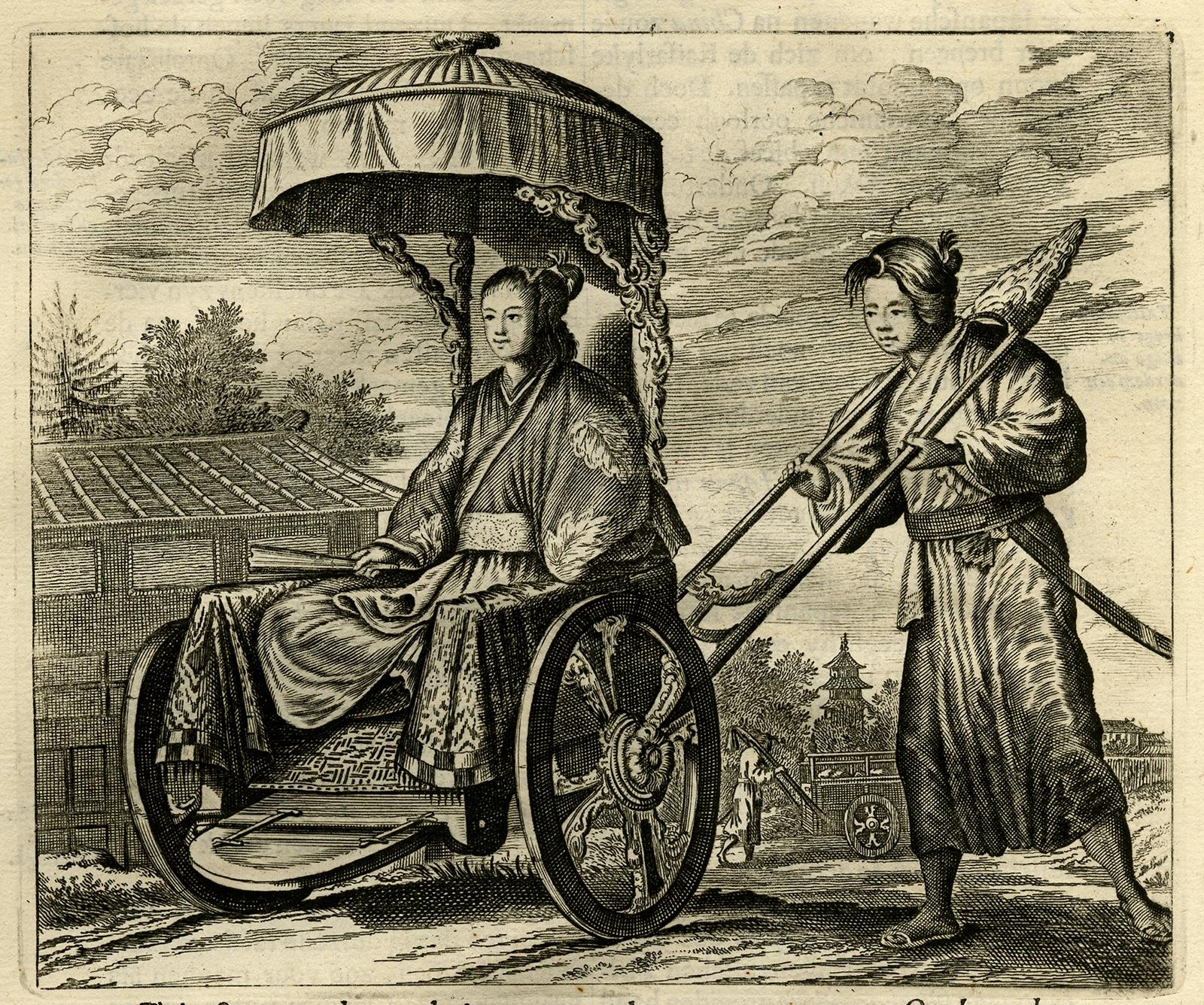 Untitled antique print of a Japanese noblewoman transported in a pushed rickshaw or jinrikisha. 

This print originates from Arnoldus Montanus' 