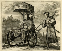 Old Print of Japanese Noblewoman Transported in a Rickshaw or Jinrikisha, 1669