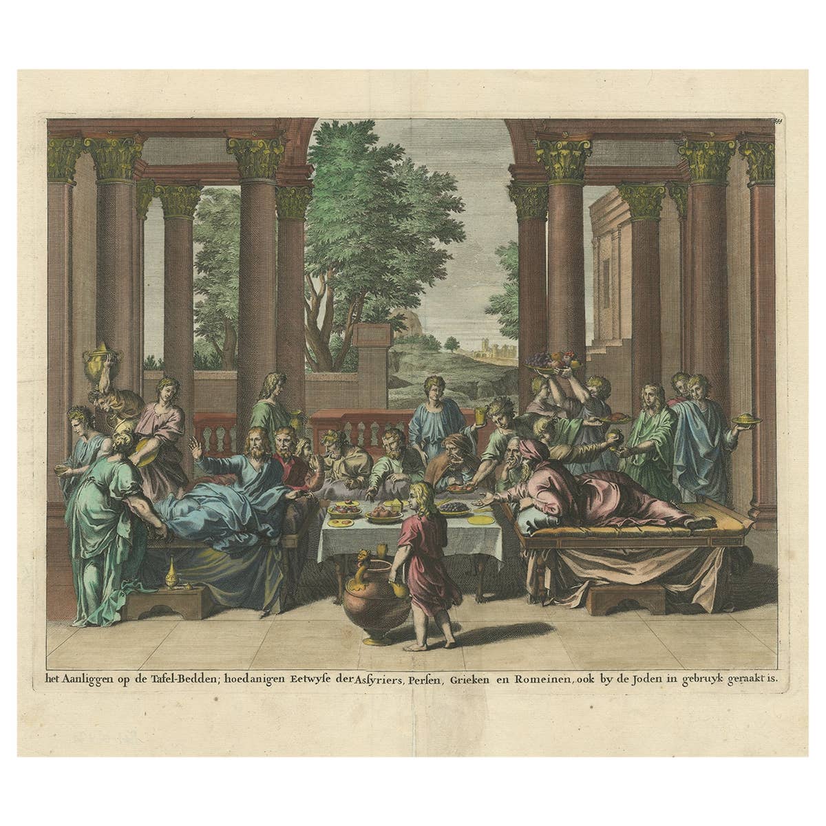 Old Print of Jews Eating on Beds like Assyrians, Persians, Romans, Greeks, 1690