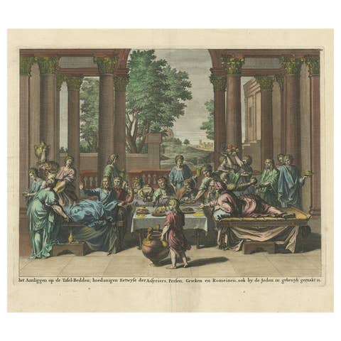 Old Print of Jews Eating on Beds like Assyrians, Persians, Romans, Greeks, 1690