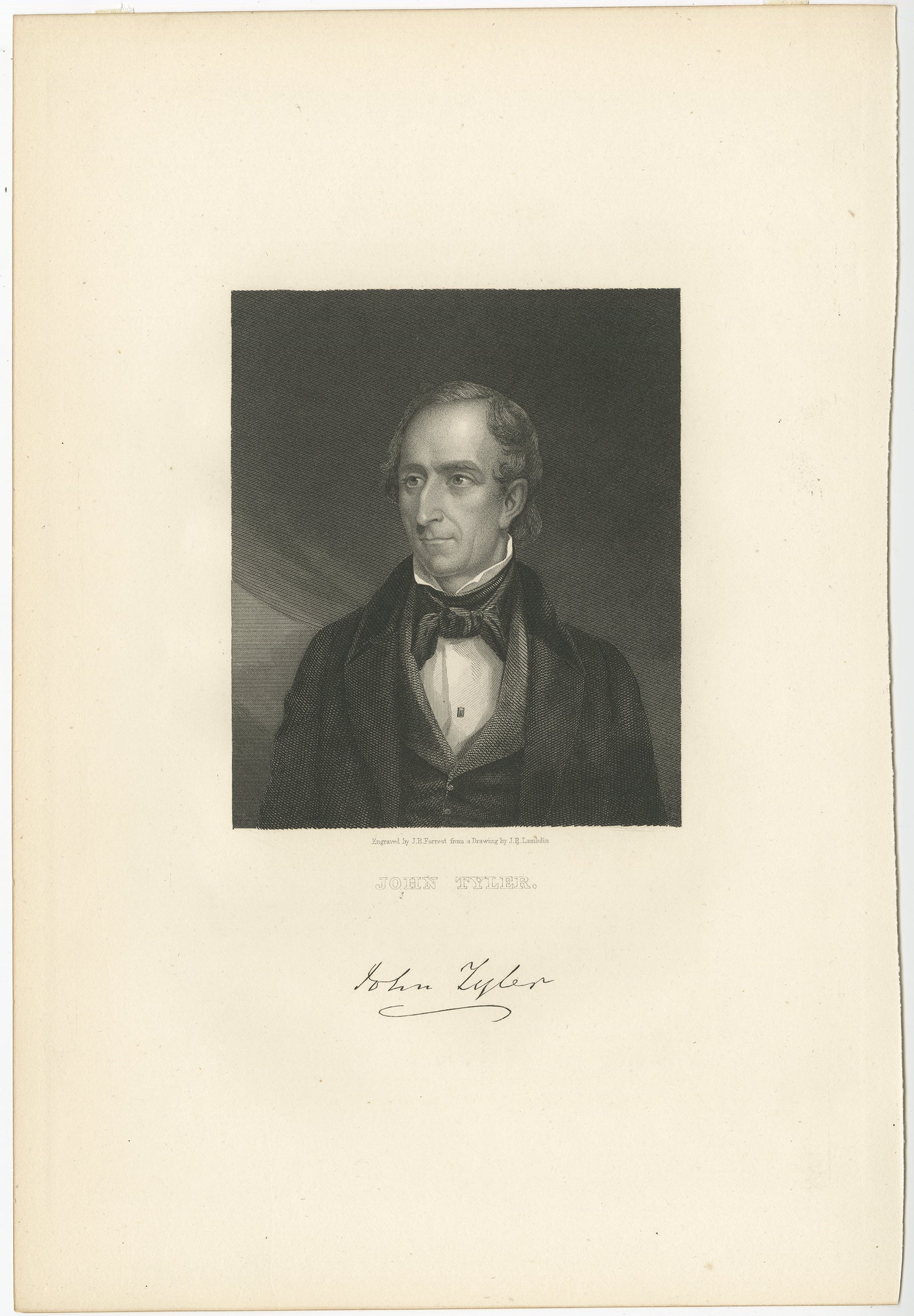 Antique print titled 'John Tyler'. Old portrait of John Tyler. 

John Tyler was the tenth president of the United States from 1841 to 1845 after briefly serving as the tenth vice president in 1841; he was elected to the latter office on the 1840