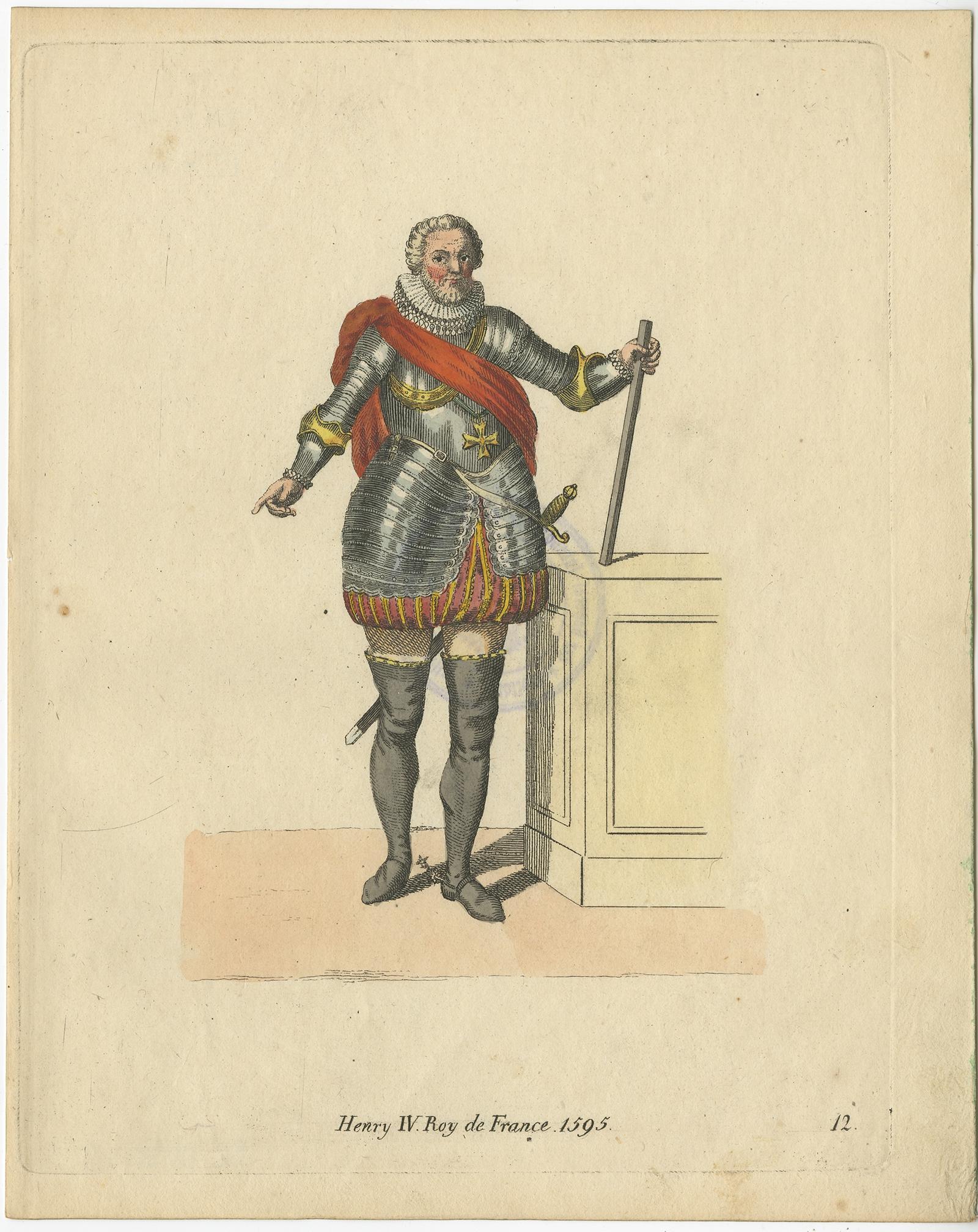 Antique costume print titled 'Henry IV Roy de France 1595'. 

This print depicts Henry IV, also known by the epithet Good King Henry or Henry the Great. He was King of Navarre (as Henry III) from 1572 and King of France from 1589 to 1610.