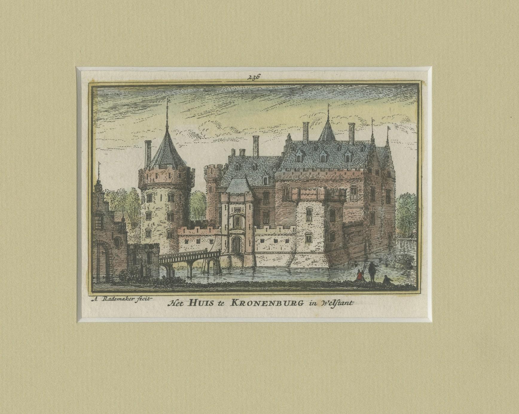Altes Druck des Schlosses Kronenburg in der Nähe von Loenen, Utrecht, Holland, 1730 (Papier) im Angebot