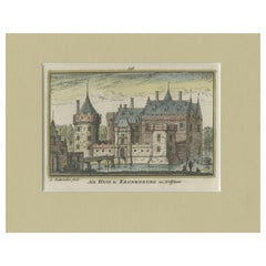 Grabado antiguo del castillo de Kronenburg, cerca de Loenen, Utrecht, Holanda, 1730
