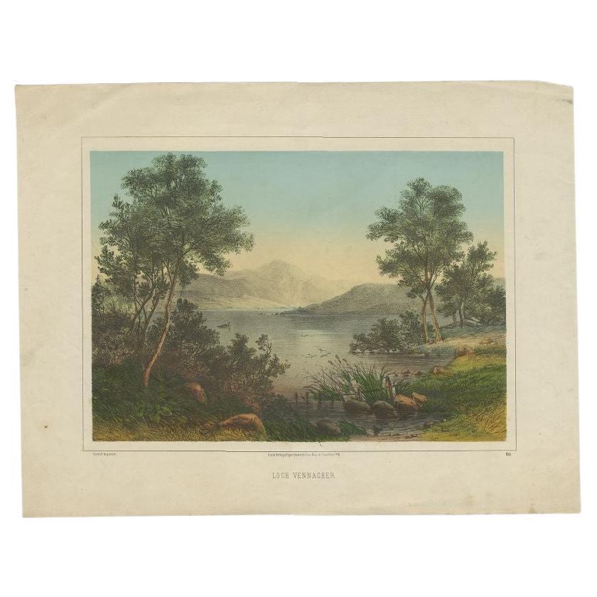 Antique print titled 'Loch Vennacher'. Old print of Loch Venacher, a freshwater loch in Stirling district, Scotland. Source unknown, to be determined. 

Artists and Engravers: Published by Ed.Gust May in Frankfurt. The firm Eduard Gustav May (later