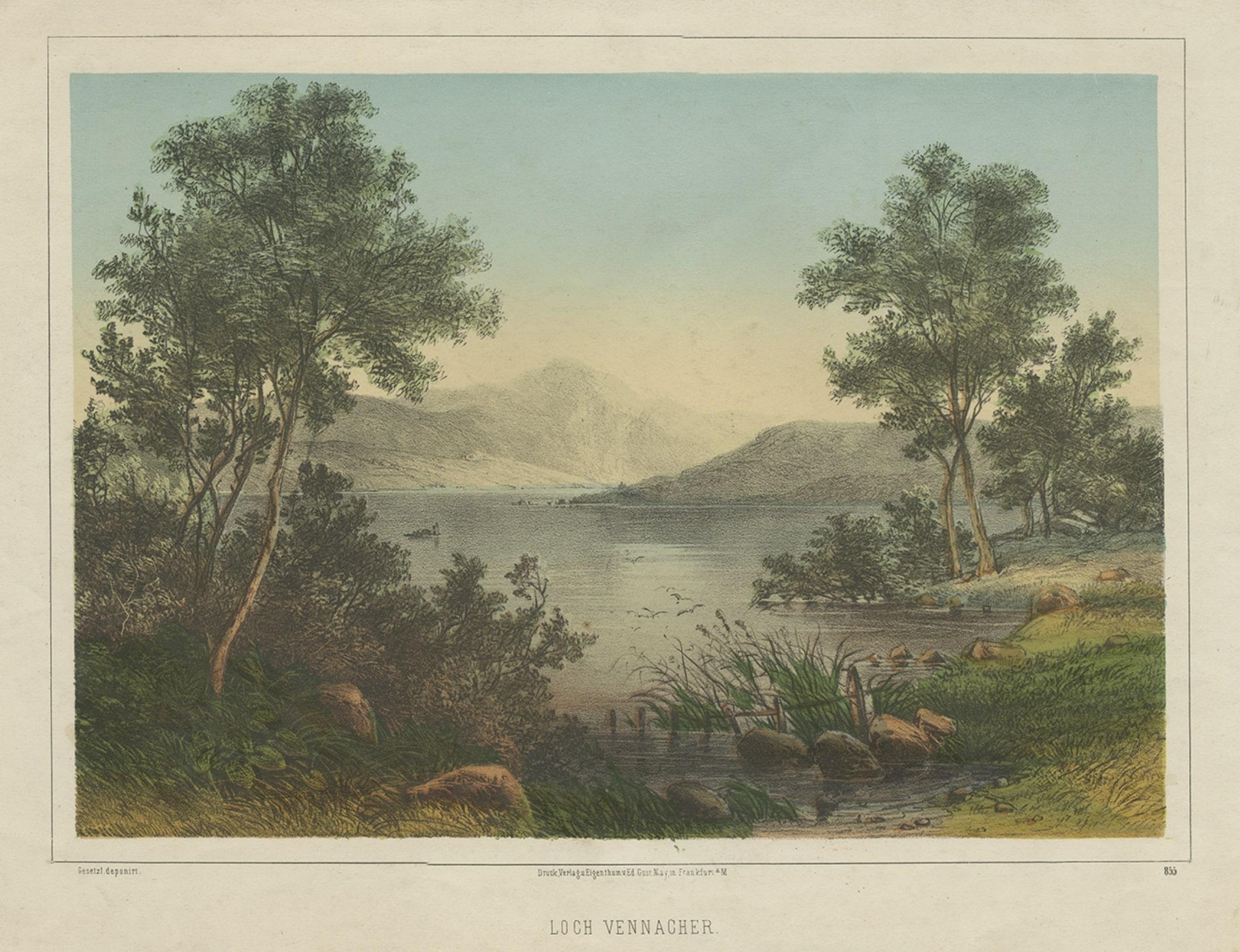 Paper Old Print of Loch Venacher, a Freshwater Lake near Stirling, Scotland, c.1850 For Sale