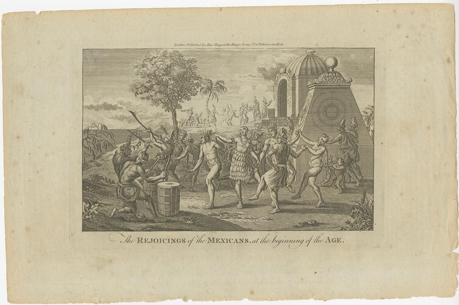 Description: Antique print titled 'The Rejoicings of the Mexicans, at the beginning of the Age'. 

Copper engraving showing the celebrations of the Mexicans with music and natives dancing. This print originates from 'New Complete Collection of