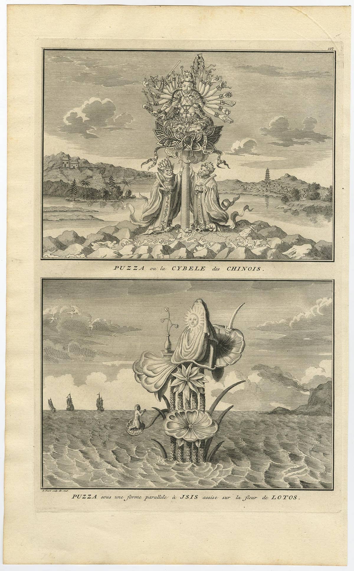 Old Print of Nature Godess Sibyl and Puzza of China on a Lotus Flower, ca.1725