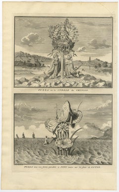 Old Print of Nature Godess Sibyl and Puzza of China on a Lotus Flower, ca.1725