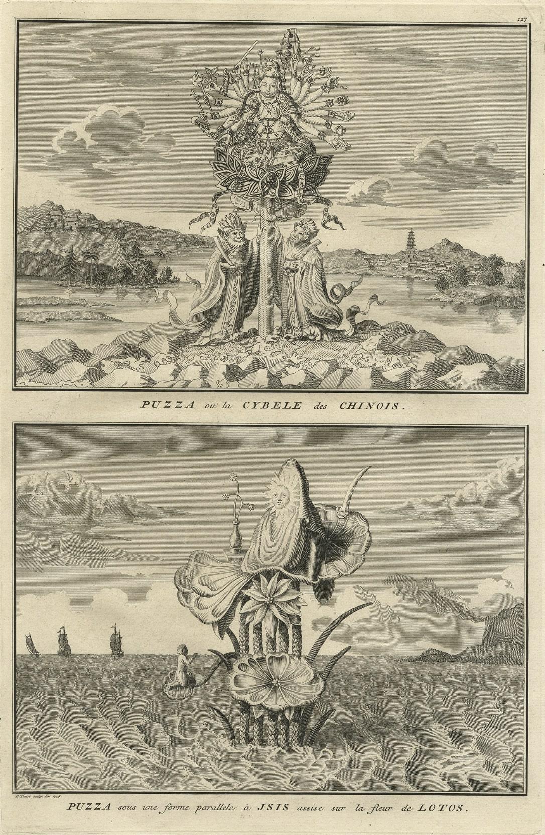 Old Print der Naturgöttin Sibyl und Puzza von China auf einer Lotusblume, ca.1725 im Zustand „Gut“ im Angebot in Langweer, NL