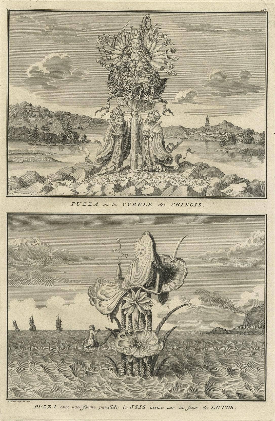 Old Print of Nature Godess Sibyl and Puzza of China on a Lotus Flower, ca.1725