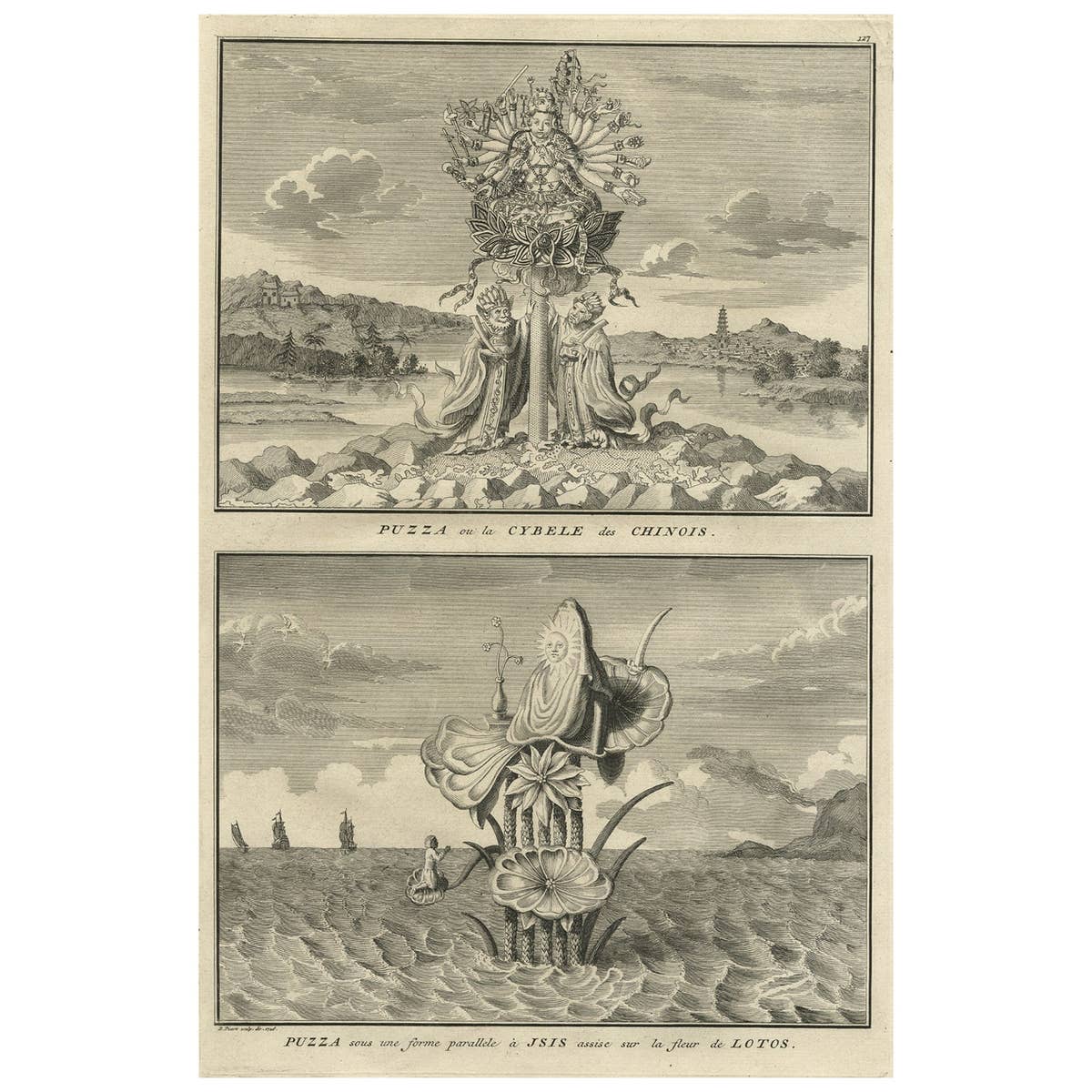Old Print of Nature Godess Sibyl and Puzza of China on a Lotus Flower, ca.1725
