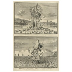 Old Print of Nature Godess Sibyl and Puzza of China on a Lotus Flower, ca.1725