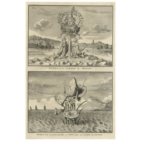 Old Print of Nature Godess Sibyl and Puzza of China on a Lotus Flower, ca.1725