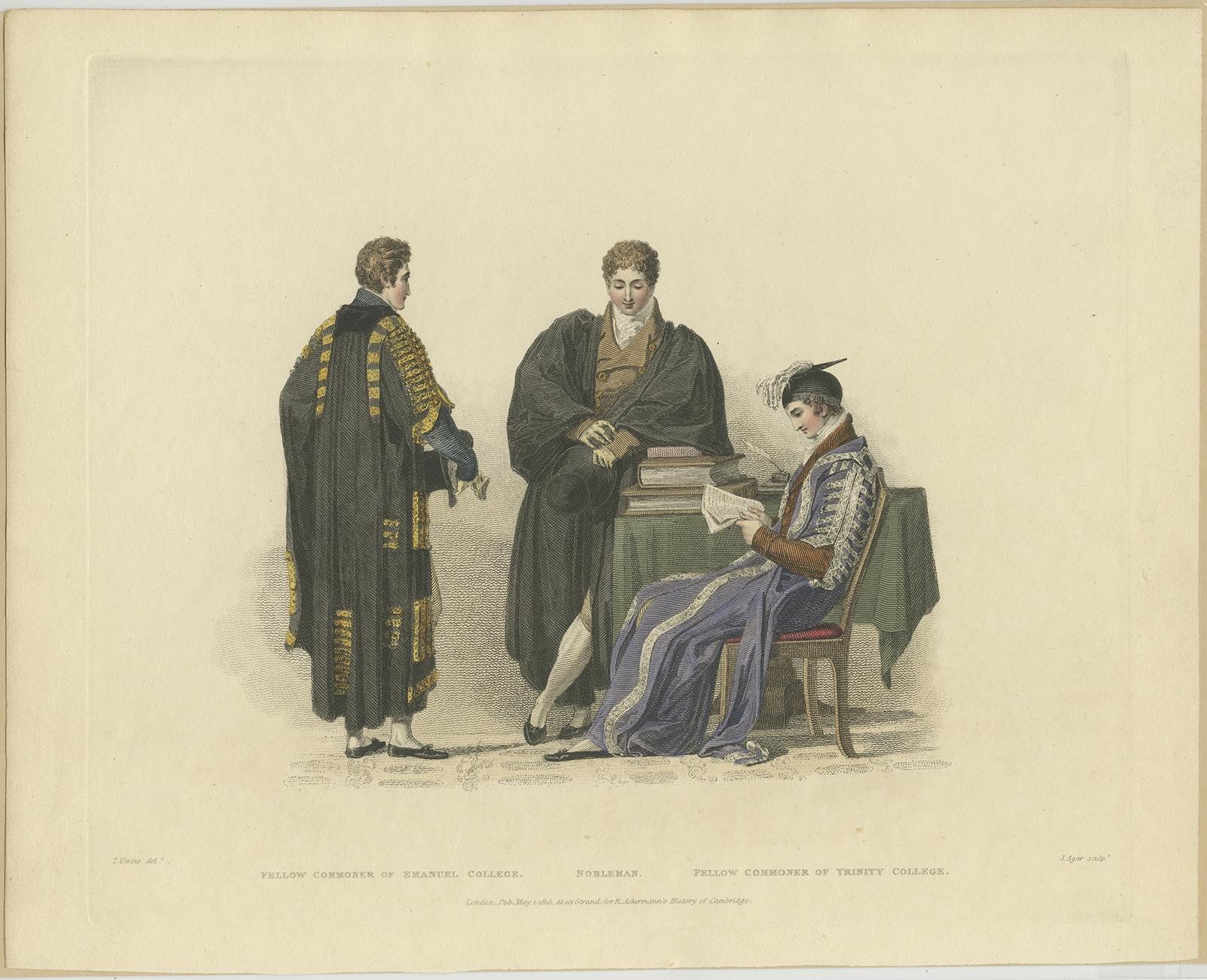 Antique print titled 'Fellow Commoner of Emanuel College - Nobleman - Fellow Commoner of Trinity College'. Portraits of a Fellow Commoner of Emanuel, Nobleman, and Fellow Commoner of Trinit. Made after a drawing by Thomas Uwins. This print