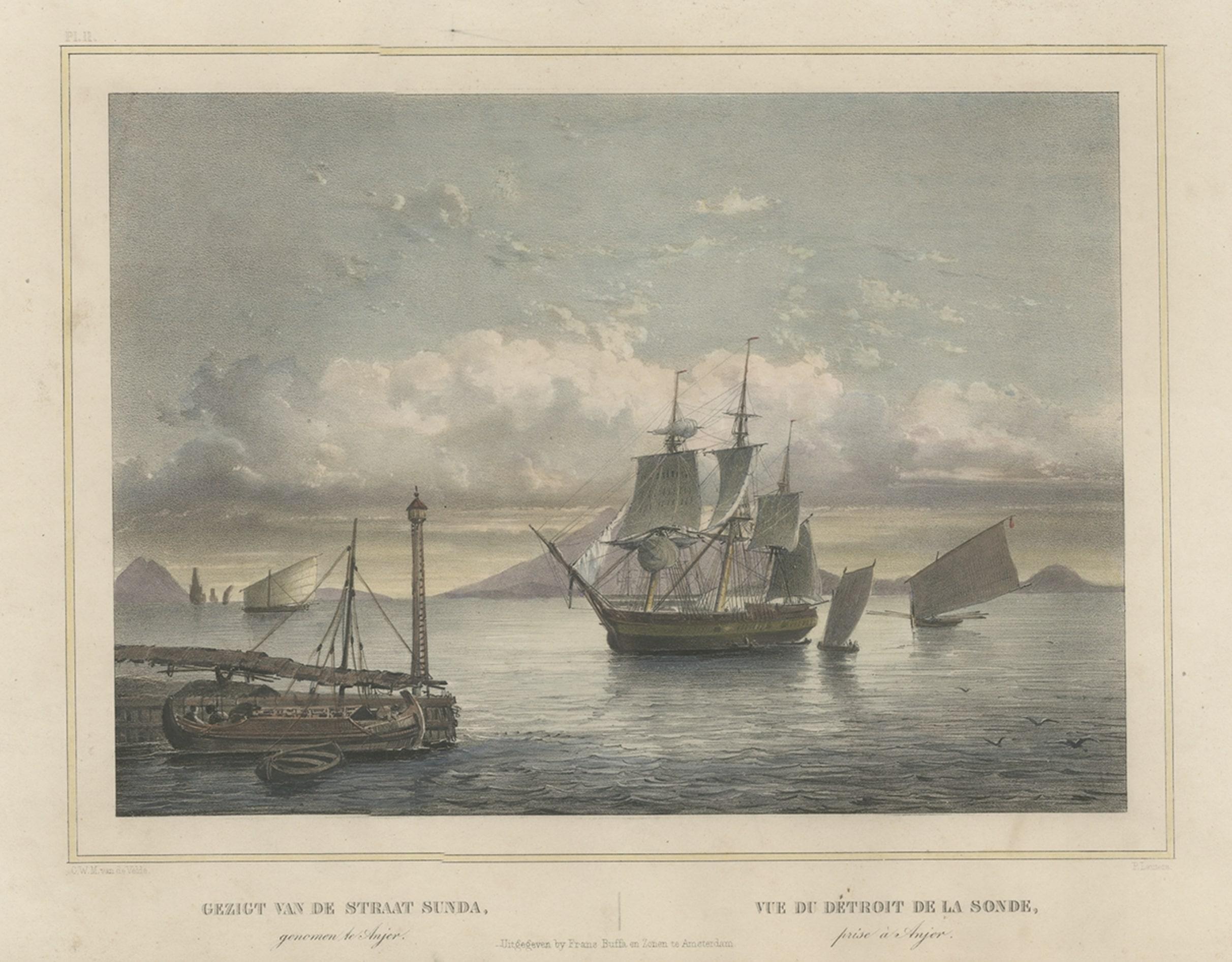 Old Print von Schiffen in der Nähe von Anyer & Krakatoa in den Sunda Straits, Indonesien, 1844 im Zustand „Gut“ im Angebot in Langweer, NL