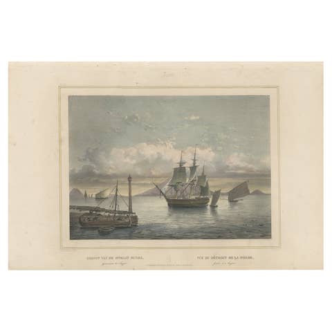 Old Print of Ships near Anyer & Krakatoa in the Sunda Straits, Indonesia, 1844