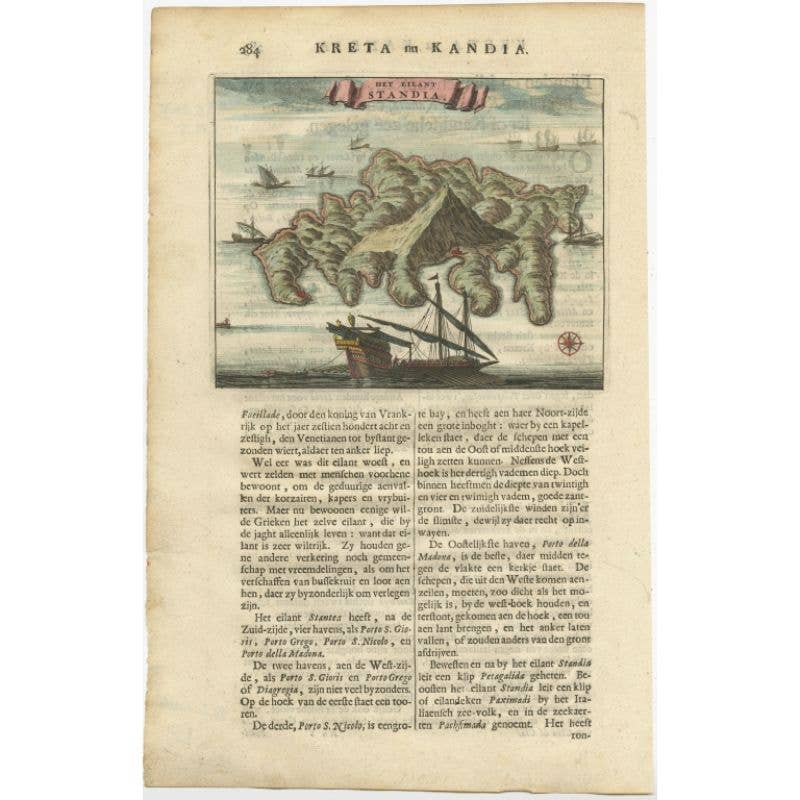 Old Print of Standia, a Greek Island 'Heraklion, Crete, Greece, Balkans', 1688