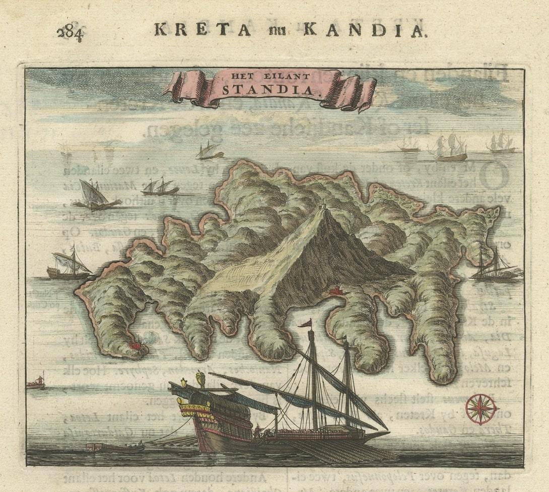Old Print of Standia, a Greek Island 'Heraklion, Crete, Greece, Balkans', 1688 In Good Condition For Sale In Langweer, NL