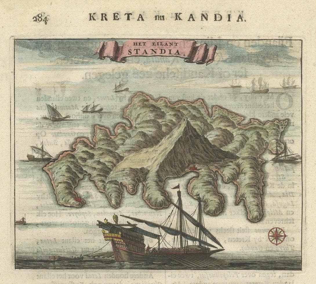 Old Print of Standia, a Greek Island 'Heraklion, Crete, Greece, Balkans', 1688